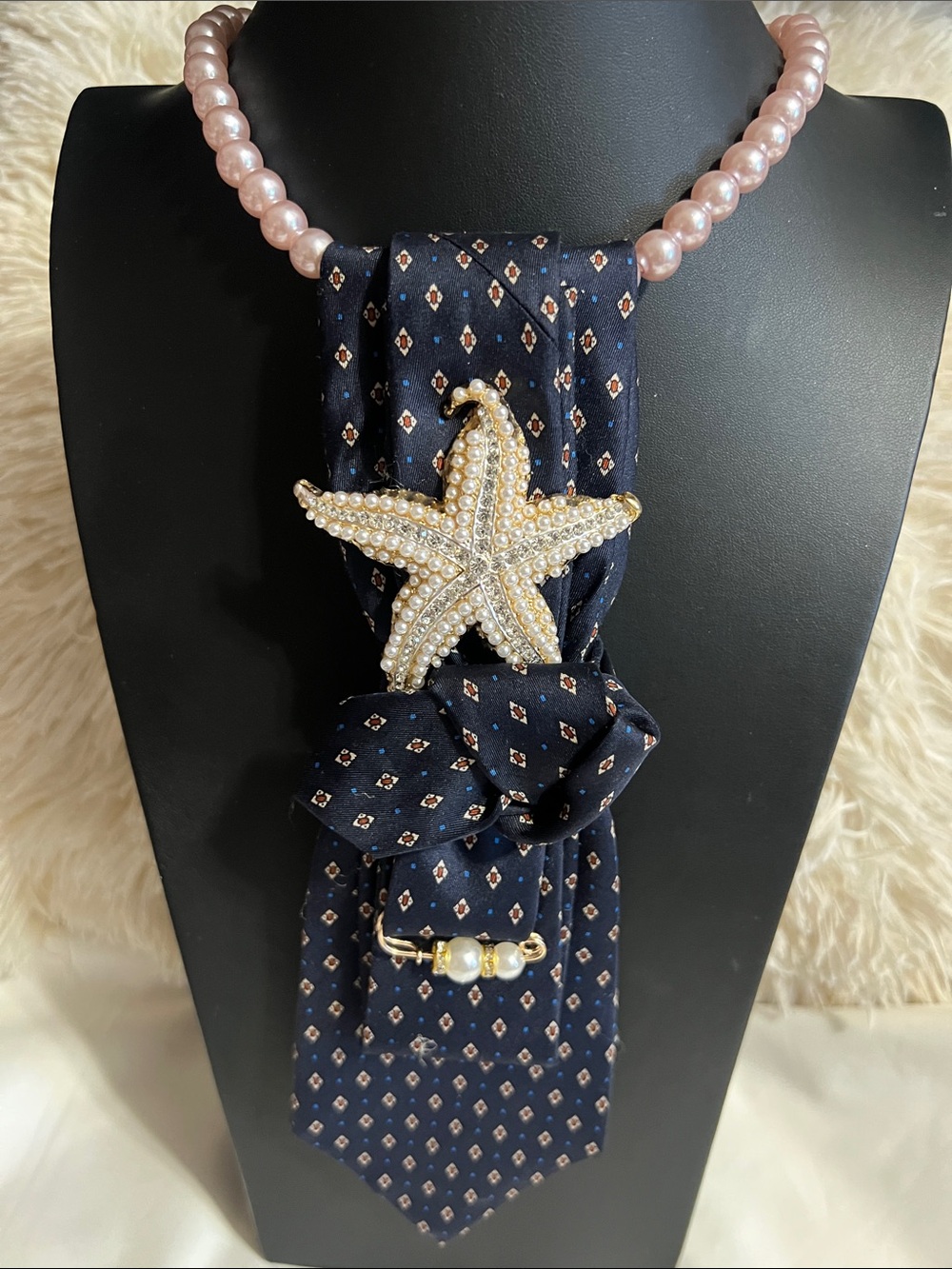 Pearl Beaded Necklace with Navy Starfish Tie Accent